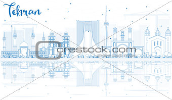 Outline Tehran Skyline with Blue Landmarks and Reflections.