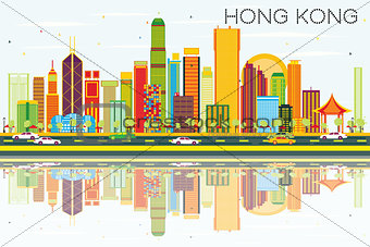 Abstract Hong Kong Skyline with Color Buildings, Blue Sky and Re