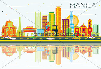 Manila Skyline with Color Buildings, Blue Sky and Reflections.