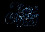 Merry Christmas isolated text written with flame fire light on black background. Blue color