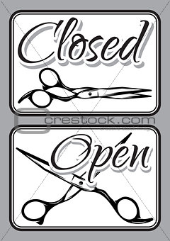 Set of vintage door signs for barber shop with scissors