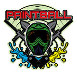 colored template for design on the theme of paintball his helmet, weapon, blots