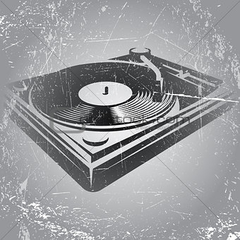 illustration in retro style with DJ console on gray background with scratches