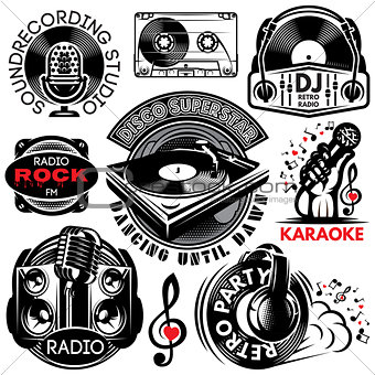 set of retro badges templat for karaoke, disco, party, radio, singing