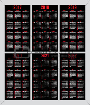 vector set of calendar grid for years 2017-2022 for business cards on black background