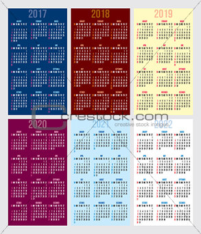 vector set of calendar grid for years 2017-2022 for business cards