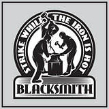 monochrome emblem in retro style with three blacksmiths working in smithy