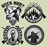 vector set of hunting label with wild ducks and deer head