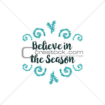 Christmas card on white background with blue elements and text