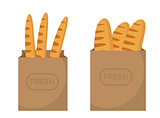 Bread in a paper bag. Loaf, Baguette in the papers package. Vector illustration, clip art.