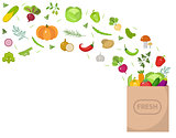 Shopping paper bag with fresh vegetables. Flat design. Banner space for text, isolated on white background. Healthy lifestyle, vegan, vegetarian diet, raw food. Vector illustration