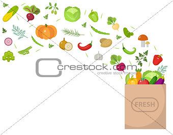 Shopping paper bag with fresh vegetables. Flat design. Banner space for text, isolated on white background. Healthy lifestyle, vegan, vegetarian diet, raw food. Vector illustration