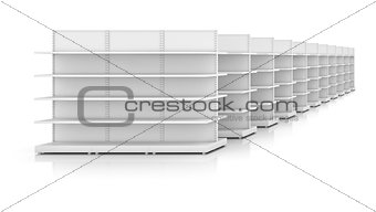 Racks with shelves isolated on white background