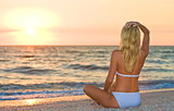 Woman Girl Sitting Sunrise Sunset Bikini Beach