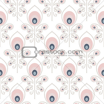 Peacock pale pink seamless vector pattern.
