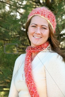 Woman in Pink Scarf and Hat