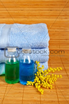 Towels and soap bottles