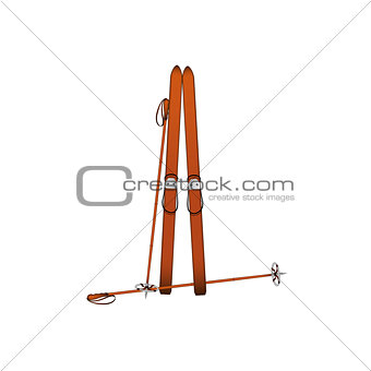 Old wooden alpine skis and old ski poles