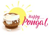 Happy Pongal lettering text for greeting card. Full pot of rice porridge on background of sun