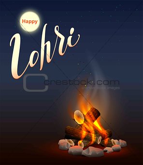 Happy Lohri Punjabi festival. Fire burning wood