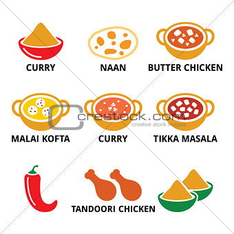 Indian food and dishes - curry, naan bread, butter chicken icons