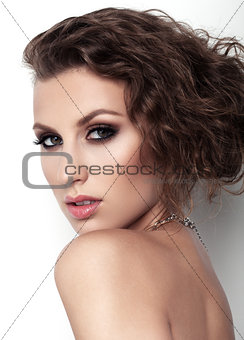 Portrait of beautiful women with makeup and hairstyle on white background