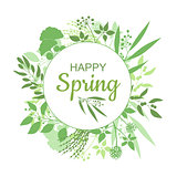 Happy Spring green card design with text in round floral frame