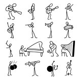 Cartoon icons set of sketch stick musician figures in cute miniature scenes.