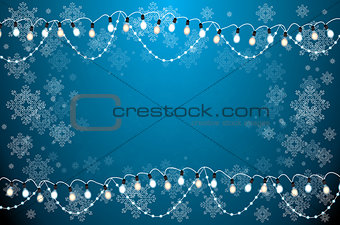 Christmas Card with Neon Light Bulbs and Snowflakes.