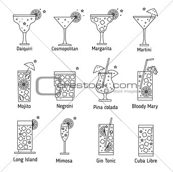 Set of outline various kinds of cocktails.