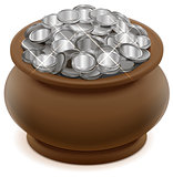 Clay ceramic pot with silver coins