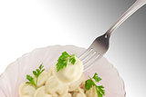 Pelmeni on fork on background of dish with pelmeni