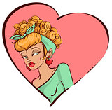 Strict woman head on background of heart shape