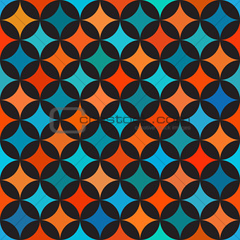 Vector Seamless Colorful Blue Orange Shades Circle Star Quilt Tiling Pattern on Dark Background