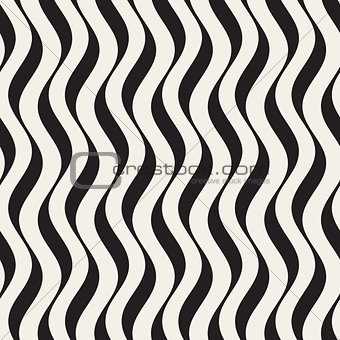 Vector Seamless Black and White Hand Drawn Vertical Wavy Lines Pattern