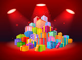 Bright scene with mountain of presents on red background