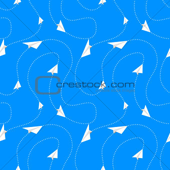 Paper airplanes fly on routes, seamless pattern