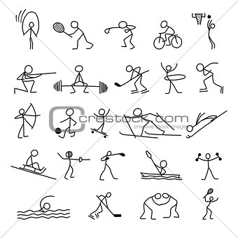 Cartoon icons sport set of stick figures sketch little people