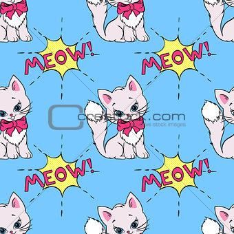 Seamless pattern with cute cats and MEOW saying. Vector illustration with white kittens on a blue background.