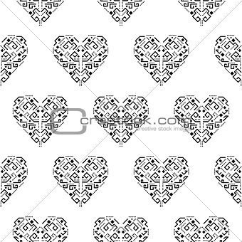 Tribal heart shape ornament seamless vector pattern.