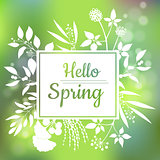 Hello Spring green card design with a textured abstract background and text in square floral frame
