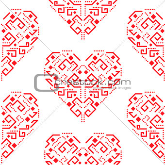 Navajo red heart shape ornament seamless vector pattern.