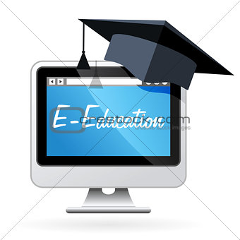 Distance learning - computer and mortarboard, e-education concep