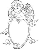 Cupid Over a Heart Shape Sign. Coloring Page