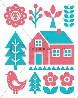 Finnish inspired folk art pattern - Scandinavian, Nordic style in turquoise and raspberry colour