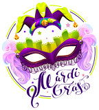 Mardi Gras lettering text. Purple carnival mask and clown cap
