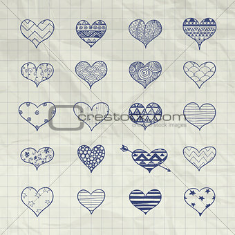 Vector Hand Drawn Heart Shapes with Doodle Patterns