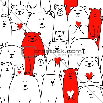 White bears family, valentine day seamless pattern