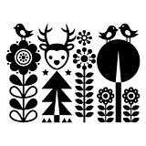 Scandinavian folk art pattern - Finnish inspired, Nordic style with flowers, deer, and birds