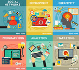 Flat concept banners. Programming, Analytics, Marketing, Social Networks, Development, Creativity